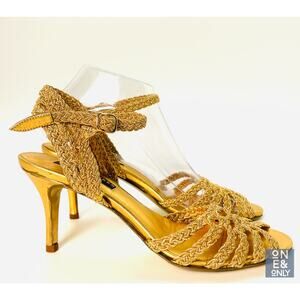 RALPH LAUREN PURPLE LABEL Gold Ankle Strap Stiletto Sandals Braided Womens 6.5B